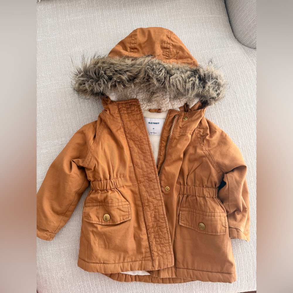 Old Navy Girl’s Hooded Faux Fur Trim Twill Tan Winter Coat 2T